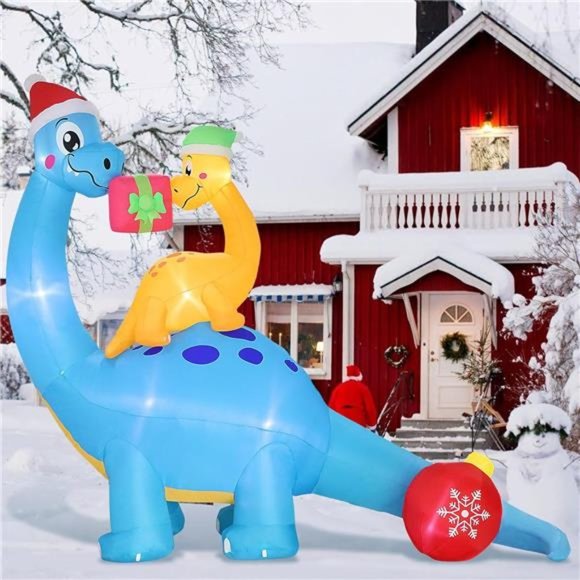 10 Ft Christmas Inflatable Decorations, Mother Son Dinosaur Built-in LED Lights - Picture 1 of 6